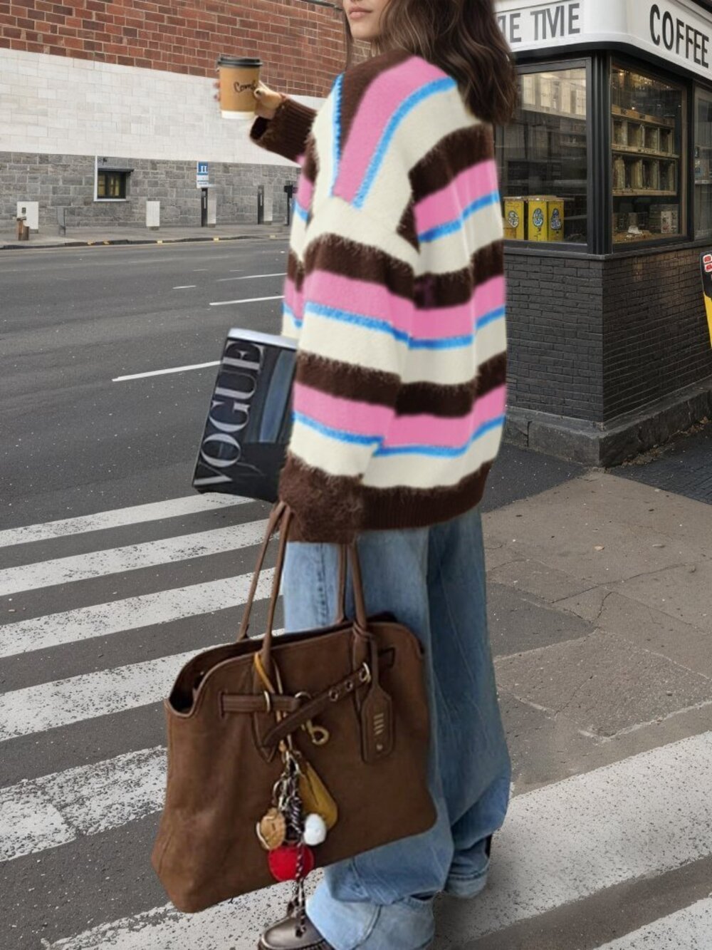 Pink Casual Women's Lazy Round Neck Striped Long Sleeve Sweater - Picture 2 of 7